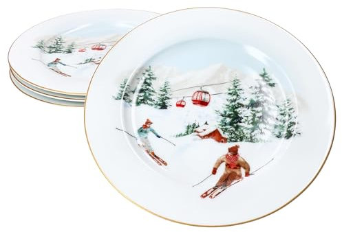 MamboCat Chalet 4er Set Kuchenteller I Ø 19,2cm I winterliche Porzellan-Frühstücksteller für 4 Personen mit Ski- & Alpen-Dekor I Service für Salat, Dessert & Co