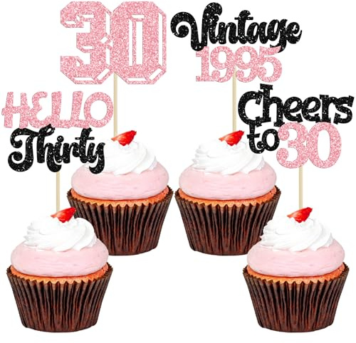 Gyufise 24Pcs Happy 30th Birthday Cupcake Toppers Star 30 Hello Thirty Vintage 1995 Cupcake Picks Cheers to 30 Birthday Decorations for 30th Birthday Anniversary Party Decorations Supplies Pink