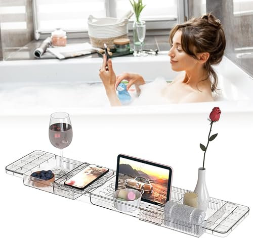 Vassoio Vasca da bagno in Acrilico,Ponte da bagno,Tablet Vasca da bagno espandibile,Vassoio da bagno trasparente,Tavola da bagno,Supporto per vasca da bagno che si adatta a maggior parte delle