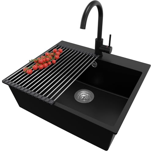 PRIMAGRAN Evier Cuisine en Granit au Meuble 60cm + Robinet, 58x50cm | Set: Robinet BW5010 + Kit de Vidage + Égouttoir Enroulable + Lavabo 1 Bac - Riga, Noir