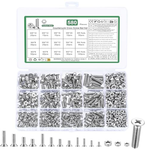 580 Pcs M3 M4 M5 Screws and Nuts Set, Countersunk Bolts and Nuts Assortment, Phillips Flat Head Machine Screws with Washers Set(M3 M4 M5 Screw Kit, Black)