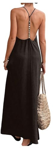 Verdusa Women's Backless Cami Dresses Linen Maxi Dress Beaded Sundress | Open Back, Beaded Dress, V-Neck, Beach Vacation, Summer Outfits, Boho Dresses, Resort Wear, Brown, Small
