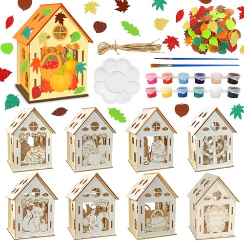 CPKONUUIP Casa de manualidades para niños y otoño, casa de madera con niños, manualidades para construir y pintar, juego de manualidades de animales de madera con 2 pinceles, juego de decoración de
