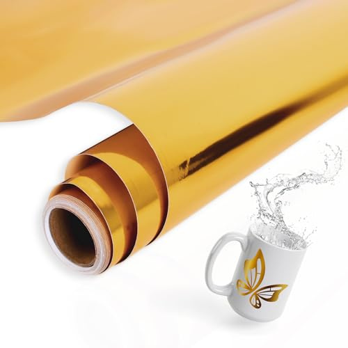 AULEEP Gold Vinylfolie Plotter - 30,5cm x 3m Permanent Plotterfolie Vinyl, Selbstklebend Vinylfolie für DIY, Tasse, Spülmaschinenfest, Wasserdicht Plotter Folien für Cricut, Silhouette Cameo