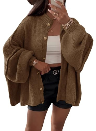 Saodimallsu Chaqueta de punto para mujer, manga corta, con botones, frontal abierto, manga larga, suelto, abrigo de punto, otoño e invierno, marrón, XL