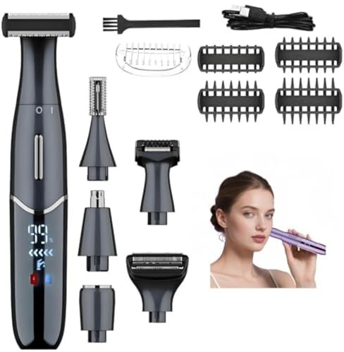 Rasoio elettrico 6 in 1, rasoio elettrico multifunzionale Wet & Dry per donna, rifinitore intimo indolore con display a LED per viso, zona bikini, gambe, ascelle e naso