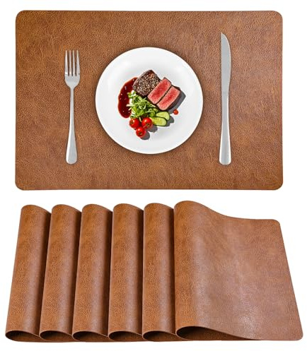 APLKER Tischsets Abwaschbar 6er Set Lederoptik Platzdeckchen 43 × 30 cm | Kunstleder Tischsets Platzsets Abwaschbar Doppelseitigen Rutschfest Wasserdicht Tischuntersetzer 16,9 × 11,8 Zoll Rotbraun