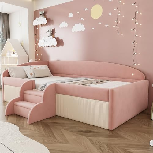 Merax Polster-Sofabett 90x190 cm, mit rutschfesten Stufen & weichen Schutzzäunen, hautfreundlicher Samtstoff, robuster Lattenrost, Rosa/Cremeweiß (ohne Matratze)