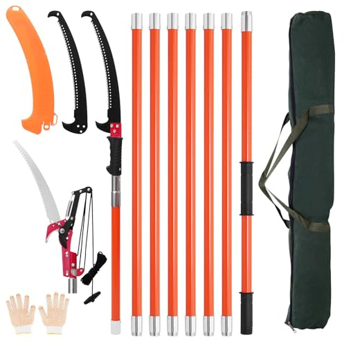 Pole Saw,Tree Pruning Saw with 8-Section Telescopic Pole,Lightweight Insulated Pruning Saw for High & Low Branches,Premium Carbon Steel Tree Saw Blade,PTFE & Hook Knife, Secure Storage Bag Included