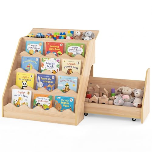 COSTWAY 4 stufiges Kinder Bücherregal, Kinderregal mit aufklappbaren Fach & Schublade auf Rollen, Spielzeugregal Montessori, Aufbewahrungsregal aus Holz für Kinderzimmer (Natur)