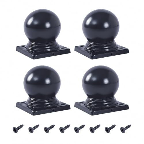 4Pcs Fence Post Caps for 50mm Square Posts, Galvanised Iron Ball Top Caps with 8 Screws, Waterproof Protection Against Wood Rot for Timber Fence, Deck, Mailbox & Gate, Black (50mm (Pack of 4))