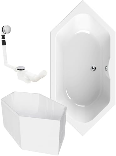 Calmwaters® Sechseck Badewanne Komplettset 190x90 cm mit Wannenträger & Ablaufgarnitur, Acrylwanne Exclusive, Duo-Badewanne für 2, Badewannen-Komplett-Set, 6-Eck-Wanne 190 x 90, Weiß