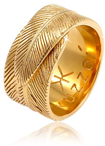 Kuzzoi Massiver Herrenring (14mm) golden mit Feder Bandring 925 Silber | vergoldet Ring im Vintage Look für Männer in der Ringgröße 60 - 66