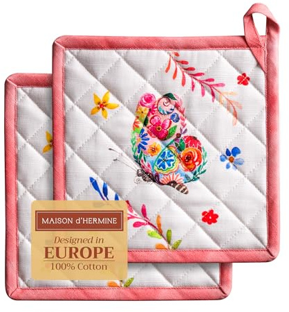Maison d'Hermine Set di presine, 100% cotone, resistenti al calore, 20 cm x 20 cm, con anello per barbecue, per maneggiare padelle calde, san Regali per la festa della mamma (confezione da 2)