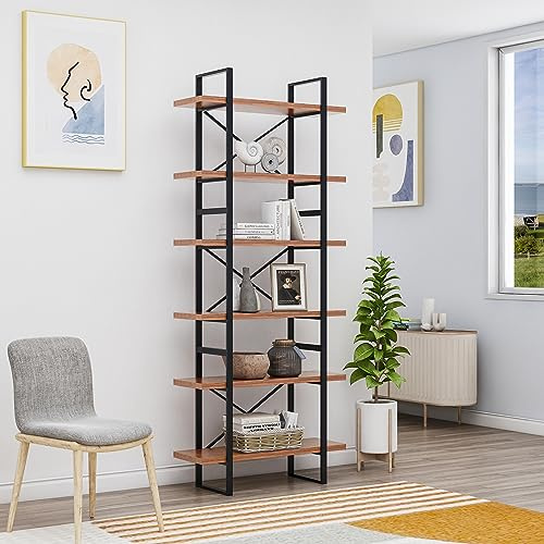 DAVEE 6-Tier etagered Walnut Shelf Bookcase with Black Metal Frame- 35.43x12.5x85 inches