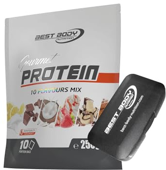 Best Body Nutrition 4 Komponenten Protein Gourmet 80 Mix, Mehrkomponenten Protein Pulver mit 80% Proteinanteil, Eiweißshake Mix 10 x 25g, mit Shaker und Tablettenbox