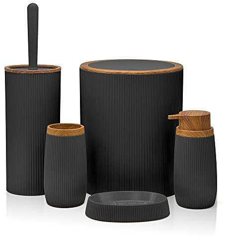Inbagno Set Bagno Accessori Completo - 5 Pezzi, in plastica Liscia con Dettagli Effetto Legno Serie Blob, Include Dispenser Sapone, portasaponetta, portaspazzolino, portascopino e pattumiera