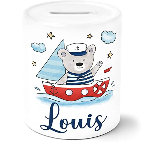 SpecialMe® Kinder Spardose personalisiert mit Name Bär Boot Segelboot Sparschwein Keramik personalisierte Geschenke weiß Spardose