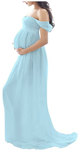 Tomwell Abito Fotografico Premaman Maxi Vestito Fotografico Eleganti Fuori Spalla Chiffon Gravidanti Abbigliamento Maternity Dress Gonna di Lunghezza del Pavimento A Blu XL