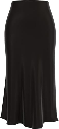 comefohome Rock Damen Schwarzer Midi Lang Röcke Sommer Versteckte Elastische Taille Lässig Rock Schwarz Midirock Skirt Black Schwarz S