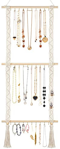 Grathia Hängender Schmuck-Organizer Makramee-Halskettenhalter mit 30 Haken, Wandmontage, Halskettenhalter mit Quaste für Halsketten, Armbänder, Ohrringe (Beige)
