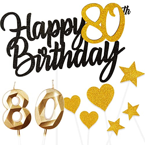 Personalisierte Schwarz Gold Happy 80th Birthday Cake Topper mit Gold Zahl 80 Geburtstagskerzen Herz Stern Cupcake Topper Kuchendekorationen Set für Sie Herren Frauen 80. Geburtstag Jahrestag,9 Stück