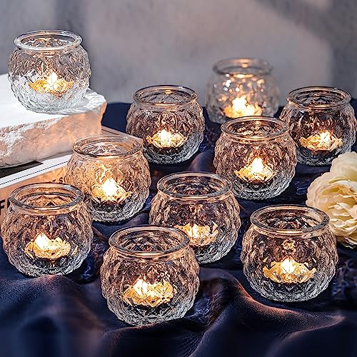 DARJEN Clear Votive Candle Holders Set of 24- Round Glass Candle Holders Bulk for Tea Light Candle, Diamond Texture Candle Votives for Wedding Centerpiece, Living Room & Home Table Decor