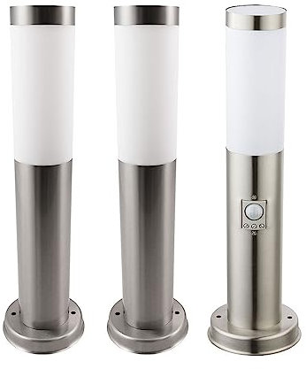 Sockelleuchte E27 Stehlampe Garten Außenleuchte Bewegungsmelder, Edelstahl, 1x Stehleuchte mit Sensor 2x Sockelleuchte, 1x E27 Fassung, DxH 7,6x45cm, 3er Set