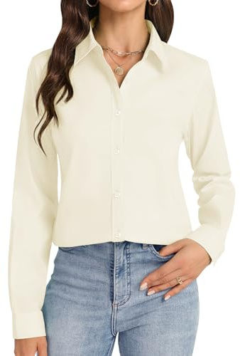 J.VER Womens Button Down Shirt Long Sleeve Dress Shirts Wrinkle Free Stretch Solid Work Blouse, Beige, L
