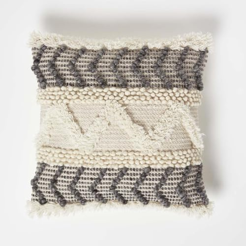 Homescapes Kelim Kissen Lindi grau-weiß Gemustert, Deko-Kissen 45x45 cm, Boho Kissen mit Füllung