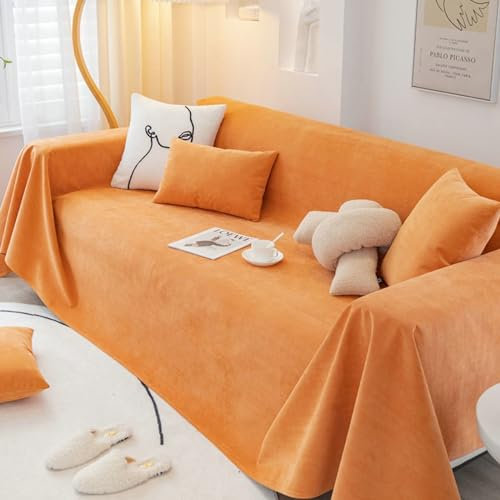 Ayoiow Sofaüberwurf Set Sofa Überzug Orange Sofahusse 4Sitzer Chenille Einfarbig