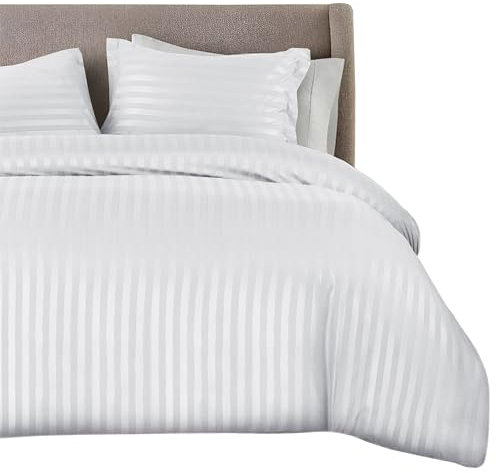 Premium Hotel Quality Satin Stripe Duvet Cover Set with Pillowcases | Reversible Hypoallergenic Soft Quilt Bedding | Easy Care Breathable Luxury Linen (White, King)
