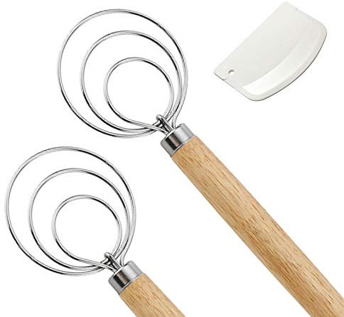 Ensemble de 2 fouets à pâte danois, fouet danois en bois en acier inoxydable de 11 pouces, mélangeur à pain et grattoir à pain for la cuisson du pain, de la pâtisserie, des boulettes et de la pâte à p