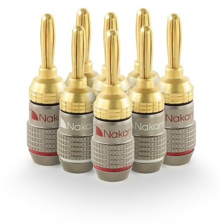 Nakamichi FanLock Excel-Serie 24 Karat vergoldeter Bananenstecker, 10 AWG – 18 AWG, 4 mm Dicke für Lautsprecherverstärker, Hi-Fi Stereo Heimkino Audiokabel Schnellanschluss, 8 Stück (4-Paare)