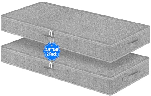 Lot de 2 boîtes de rangement sous le lit, 11,4 cm de haut, profil bas, avec support latéral et inférieur robustes, à utiliser comme organisateur de vêtements, oreiller et couverture - Gris