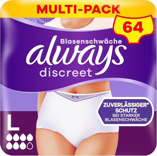 Always Discreet Inkontinenz-Höschen Plus Monatspaket bei Blasenschwäche, Größe L, 64 Höschen (Sparpackung 8 Packungen x 8 Stück)