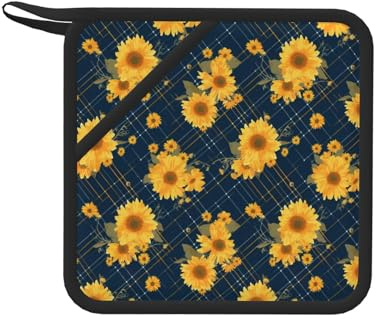Presine da cucina con girasole a righe blu, in silicone resistente al calore, presine per forno, presine per cucina, decorazione da cucina, cottura con anello per appendere