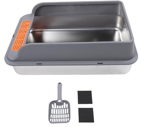 Caja de para Gatos Acero Inoxidable, Cajas Semicerradas Gatos con Cuchara, Caja Grande para Gatos con Lados Altos, Antifugas, Fácil Limpieza, Prueba (Extra