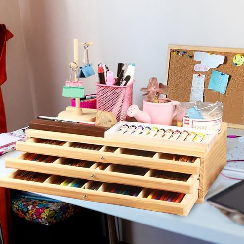Aufbewahrungsbox für Künstlerbedarf mit abnehmbaren Trennwänden,Premium Buche Holz Art Storage Box,Kunstwerkzeugkasten für Bleistifte für Pastellstifte,Bleistifte,Stifte (3 Schubladen 40*25.5*9.3cm)