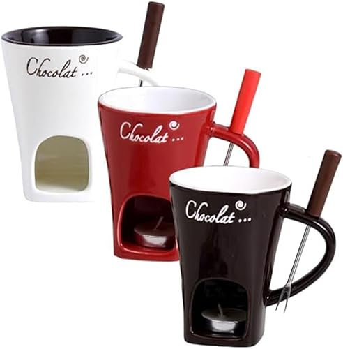 Set per fonduta di cioccolato, tazza per fonduta, tazza per fonduta, 200 ml, in ceramica resistente al calore, con forchette, per scaldare cioccolato e formaggio (3 pezzi)