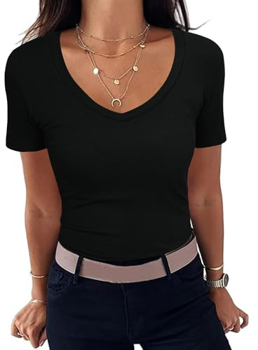 Aottori Womens Short Sleeve Tops V Neck Ribbed T Shirts Summer Cotton Basic Tshirts UK Ladies Stretch Fitted Tee Shirt Casual Solid
