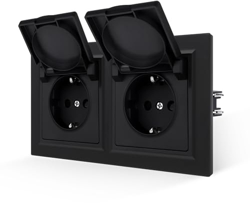 JIMEIDA Doppelsteckdose Schwarz Matt mit Deckel Glattes Hautgefühl 2 Fach | 16A Doppelsteckdose, Klappdeckel, PC Panel, Babyhautgefühl, Kindersicherung, Feuerfest, Unterputz, 155x84mm, schwarz