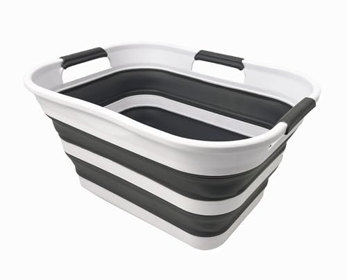 SAMMART Zusammenklappbarer Wäschekorb aus Kunststoff, Waschwanne, faltbarer Pop-Up-Aufbewahrungsbehälter, platzsparender/tragbarer Wäschekorb. Ideal für Zuhause, Reisen (Weiß/Stahlgrau, 19L)