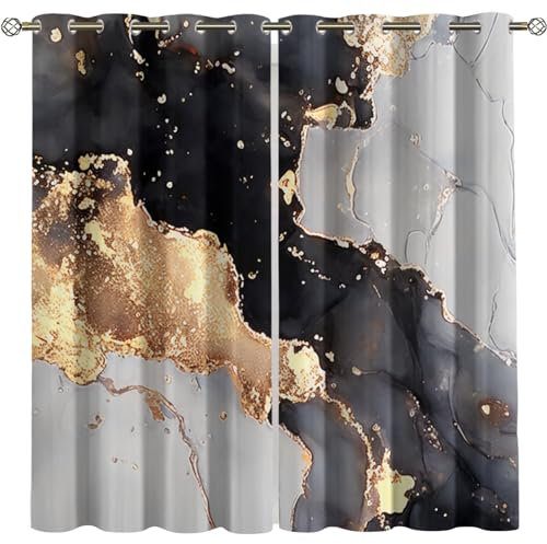 Cortinas Opacas Para Ventanas Salon 3D Textura De Mármol De Lujo, Moderna Y Ligera, En Oro Negro. Habitacion Infantil Decoración Para Dormitorio Cortinas Termicas Aislantes Frio Y Calor 280X260Cm 2