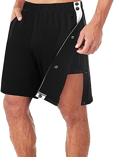 Feclmiyt Men Tear Away Shorts Pants High Split Snap Button Post-Surgery Trousers Loose Basketball Short Sweatpants with Pockets Activewear (Black, M)