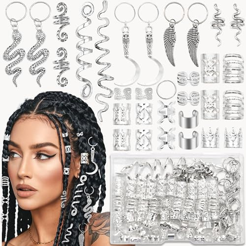 VENOFEN 122PCS Silver Hair Jewelry Snake Loc Charms Braids Clips Multi Style Hair Cuffs Rings Metal Dreadlock Beads Accessories Decoration for Women and Men