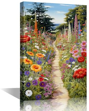TISHIRON Wildflowers Canvas Wall Art Garden Pathway Wall Art for Living Room Blooming Flower Pictures for Bedroom 1 Piece Modern Home Decor Office Decorations Artwork Framed Ready to Hang, 18x12in
