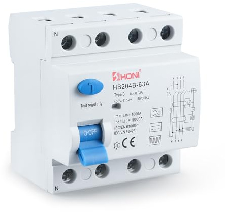 Disjoncteur FI type B, disjoncteur FI 63 A 30 mA 4 pôles + DC 6 mA, protection contre les pannes de courant intensif, pour boîtiers muraux/stations de charge et disjoncteur DIN Schie (B)