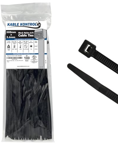 Kable Kontrol Black Cable Ties, 300 mm x 3.6 mm, Pack of 100, 12 Premium Nylon Zip Ties, Multi-Purpose Plastic Tie Wraps, Secure Self-Locking Mechanism, for Home, Garden, Office and DIY