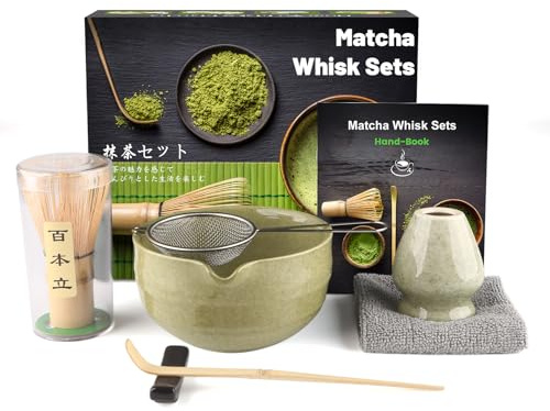 Anei 7 Pezzi Set Matcha, Tè Matcha per Fare Colazione/Latte, Set Frusta e Ciotola con Tutti gli Accessori, Regalo per Amanti, Ciotola Verde a Punta Arrotondata con Filettatura, Mestolo di Bambù